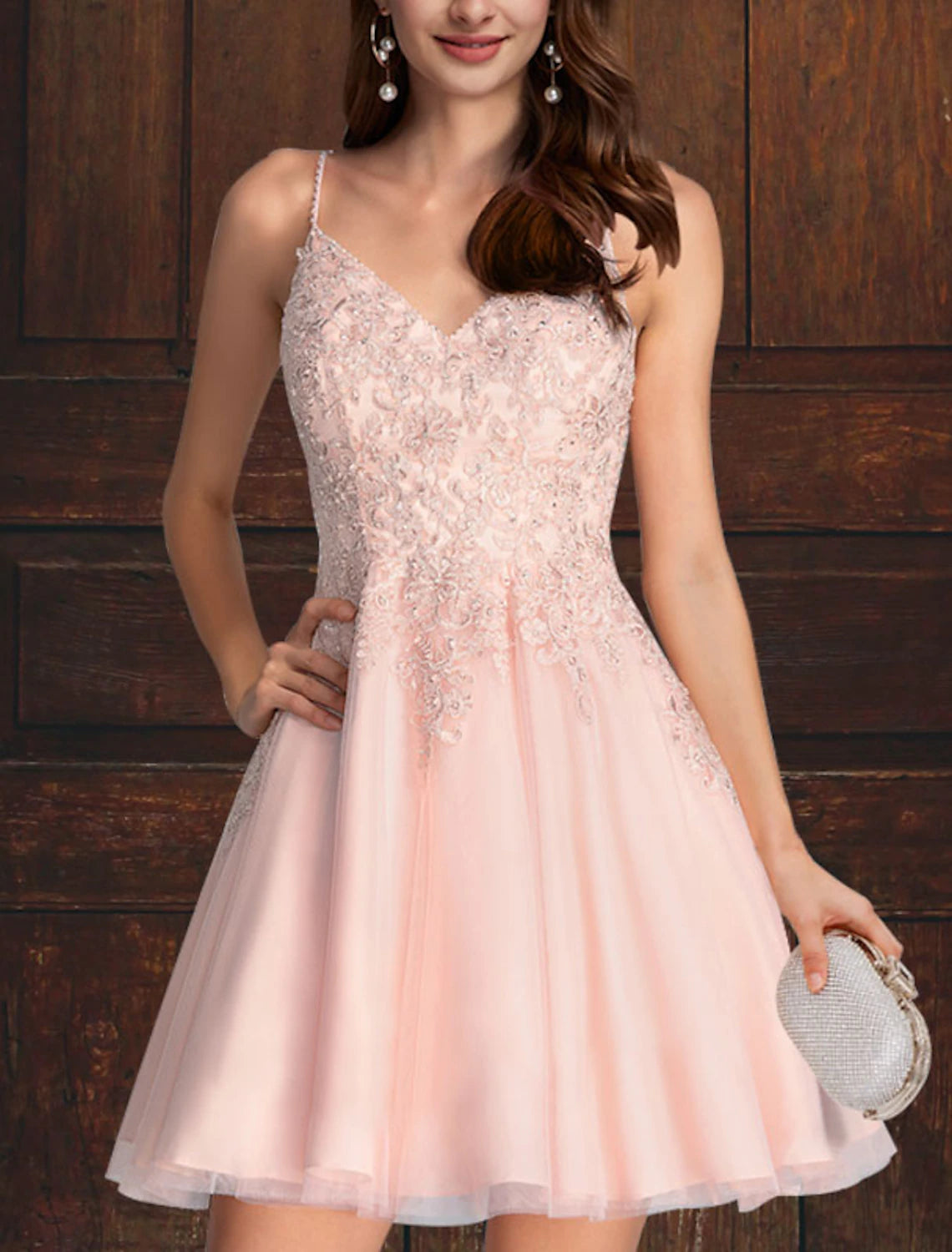 Abiti da cocktail a trapezio, abiti stile impero, abiti da ballo di fine anno, abiti corti/mini senza maniche, scollo a V, abito rosa in tulle con balze